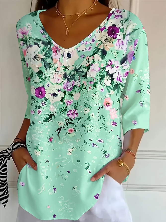 Women Floral Casual Three Quarter Sleeve Tee T-shirt V Neck Spring/Fall Printing Graphic Tee Top-image-17111271