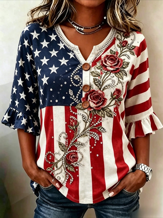 Women Floral Vintage Blouses V Neck Printing Half Sleeve Summer Top-image-17111367
