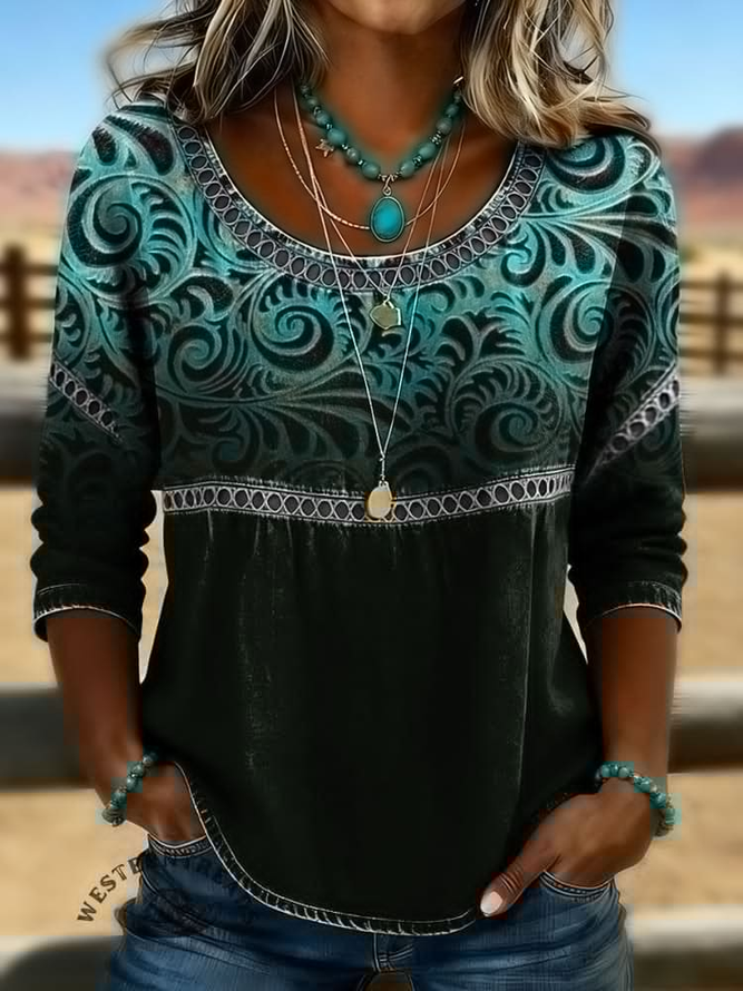 Women Abstract Casual Blouses Crew Neck Printing Half Sleeve Summer Top-image-17111427