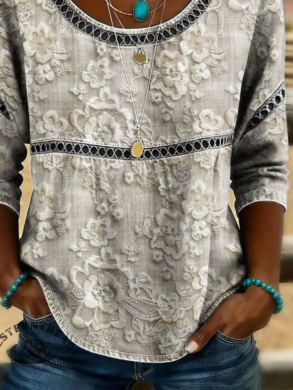 Side view of Women Floral Casual Blouses Crew Neck Printing Half Sleeve Summer Top