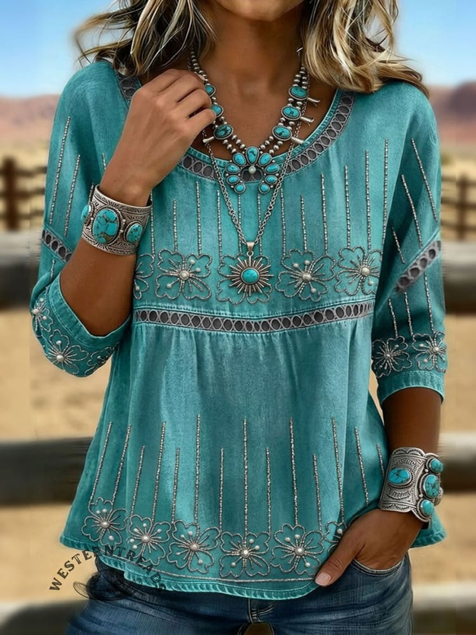 Women Floral Casual Blouses Crew Neck Printing Half Sleeve Summer Top-image-17111451
