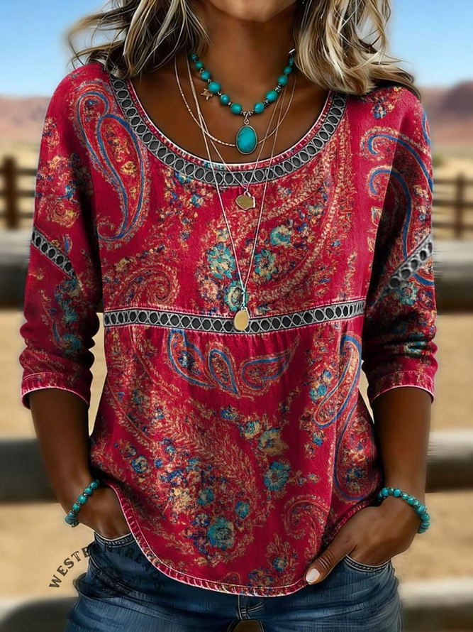 Women Paisley Casual Blouses Crew Neck Printing Half Sleeve Summer Top-image-17111439