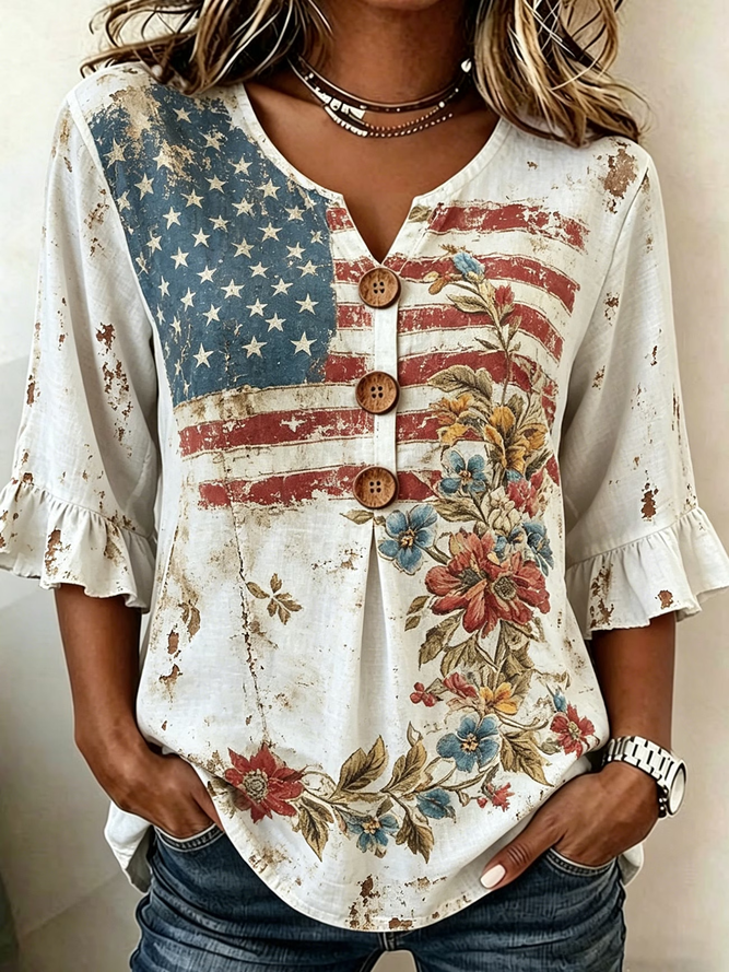 Women Floral Vintage Blouses V Neck Printing Half Sleeve Summer Top-image-17111379