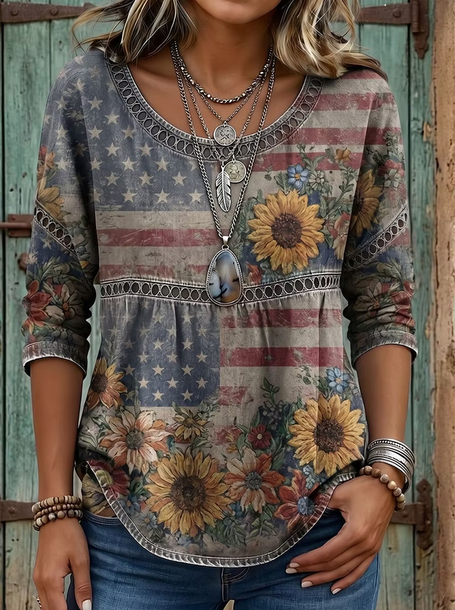 Women Floral Casual Blouses Crew Neck Printing Half Sleeve Summer Top-image-17111415