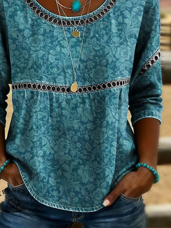 Side view of Women Floral Casual Blouses Crew Neck Printing Half Sleeve Summer Top