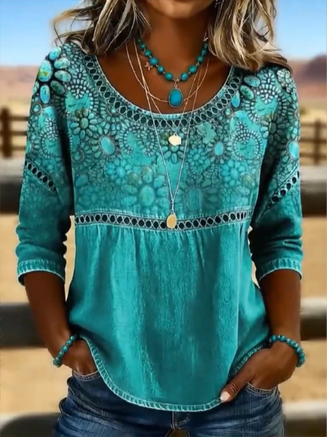 Women Abstract Casual Blouses Crew Neck Printing Half Sleeve Summer Top-image-17111487