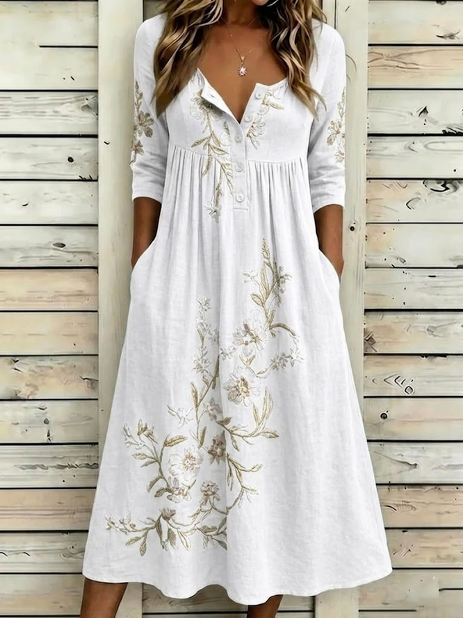 Side view of Women Floral A-Line Maxi Half Open Collar Vintage Summer Holiday Dress