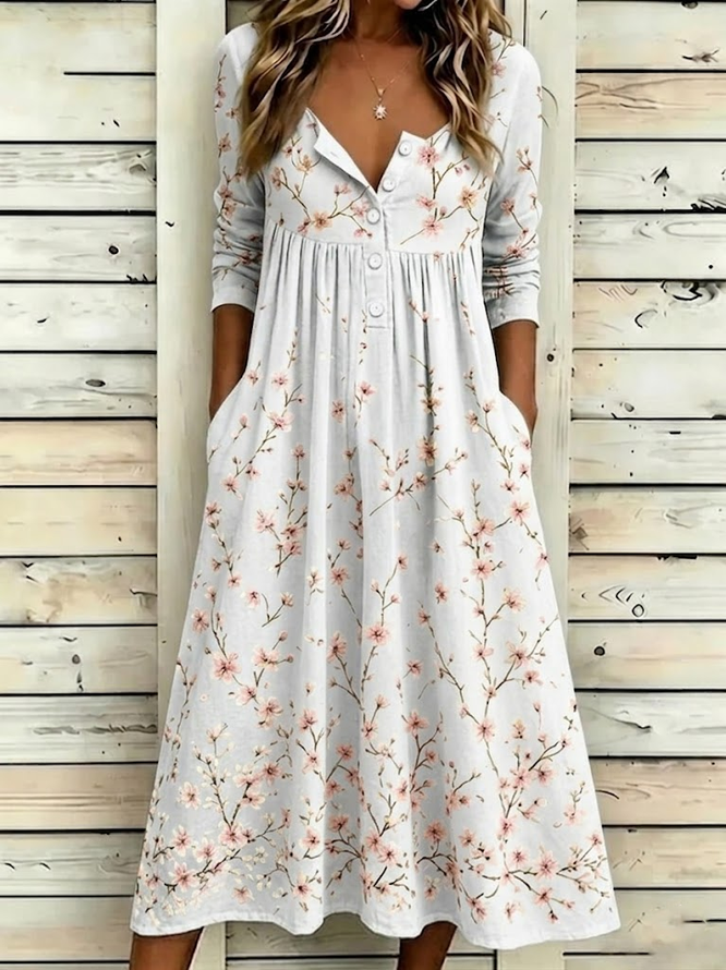 Women Floral A-Line Maxi Half Open Collar Vintage Summer Holiday Dress-image-17111295