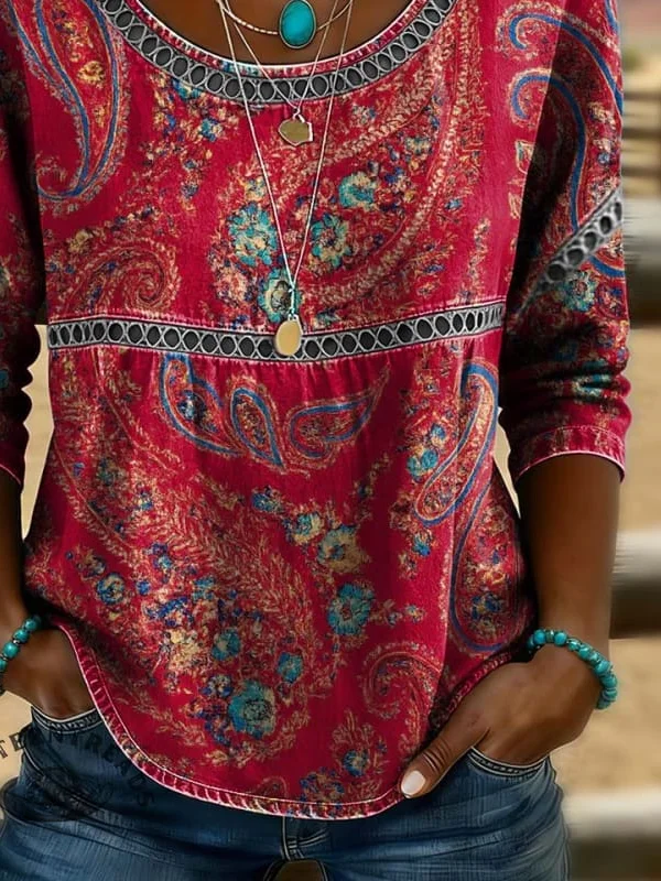 Side view of Women Paisley Casual Blouses Crew Neck Printing Half Sleeve Summer Top