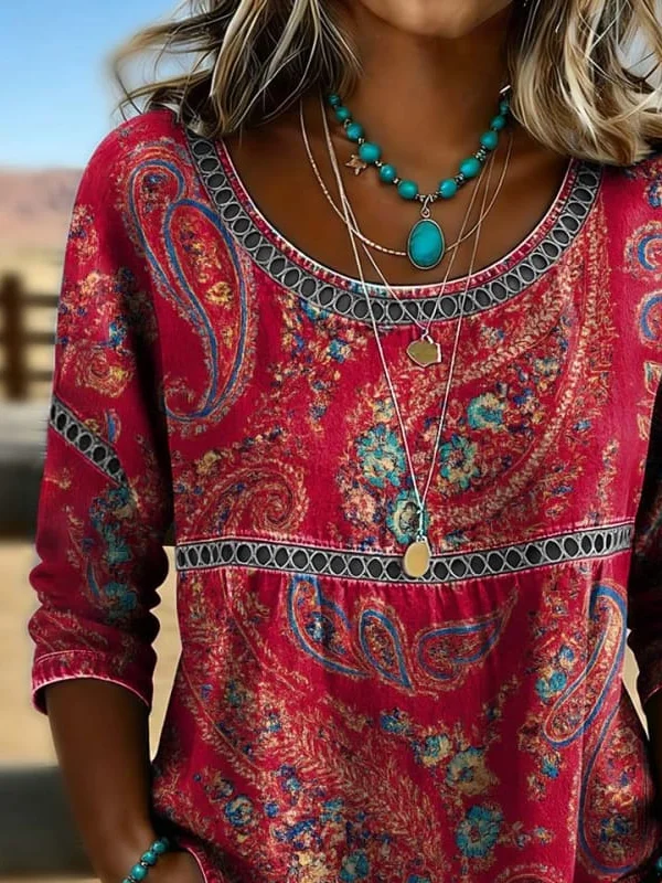 Side view of Women Paisley Casual Blouses Crew Neck Printing Half Sleeve Summer Top