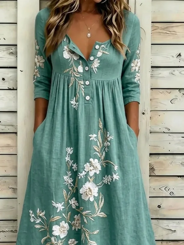 Side view of Women Floral A-Line Maxi Half Open Collar Vintage Summer Holiday Dress