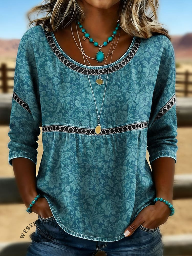 Women Floral Casual Blouses Crew Neck Printing Half Sleeve Summer Top-image-17111463