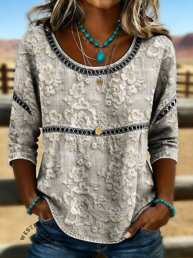 Women Floral Casual Blouses Crew Neck Printing Half Sleeve Summer Top-image-17111475