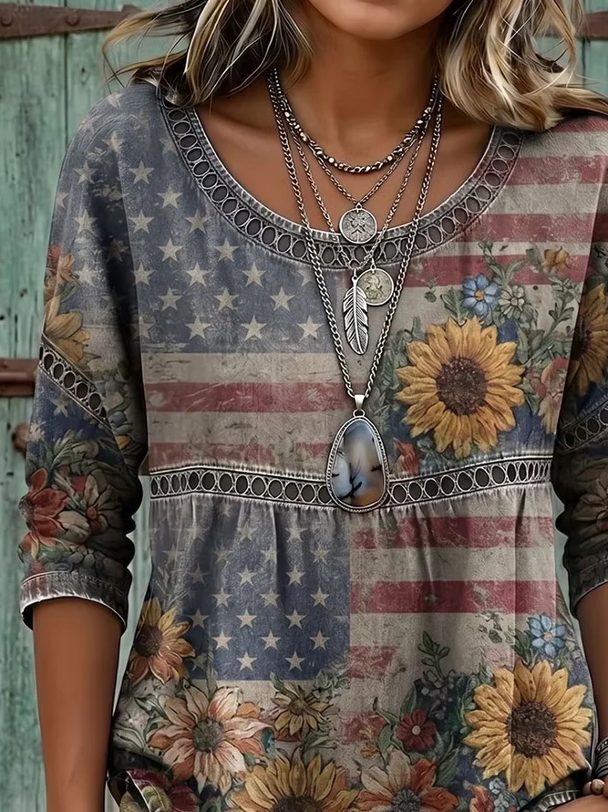 Side view of Women Floral Casual Blouses Crew Neck Printing Half Sleeve Summer Top