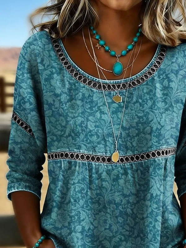 Side view of Women Floral Casual Blouses Crew Neck Printing Half Sleeve Summer Top