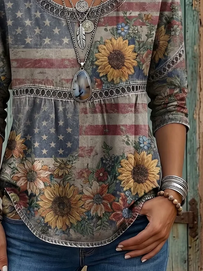 Side view of Women Floral Casual Blouses Crew Neck Printing Half Sleeve Summer Top