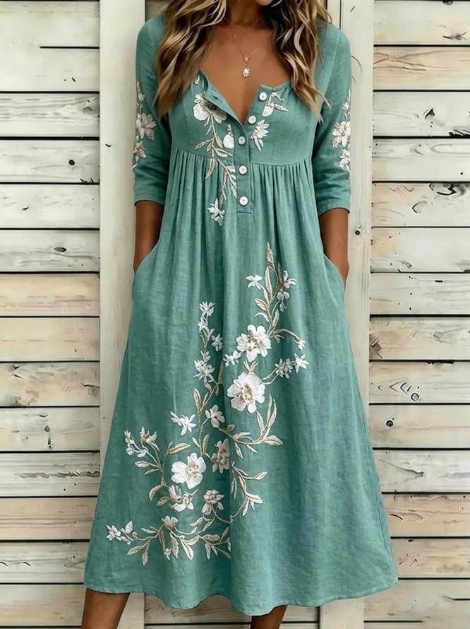 Women Floral A-Line Maxi Half Open Collar Vintage Summer Holiday Dress-image-17111307