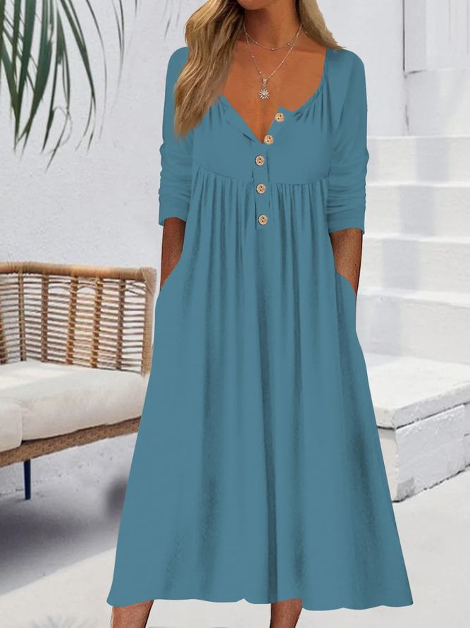 Women Plain A-Line Maxi Half Open Collar Vintage Summer Holiday Dress-image-17111319