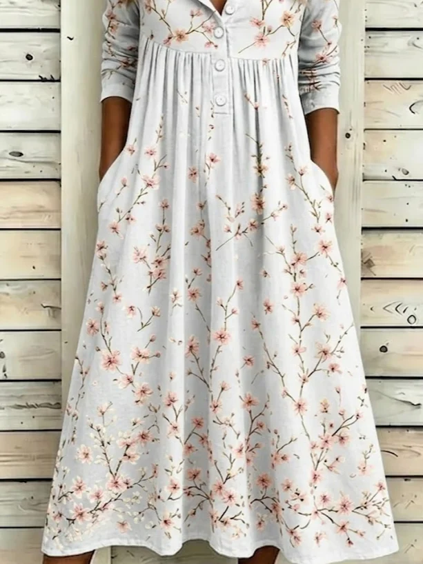 Side view of Women Floral A-Line Maxi Half Open Collar Vintage Summer Holiday Dress