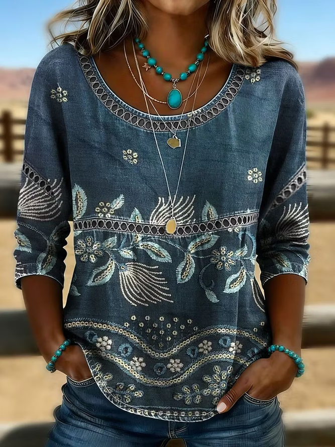 Women Floral Casual Blouses Crew Neck Printing Half Sleeve Summer Top-image-17111391