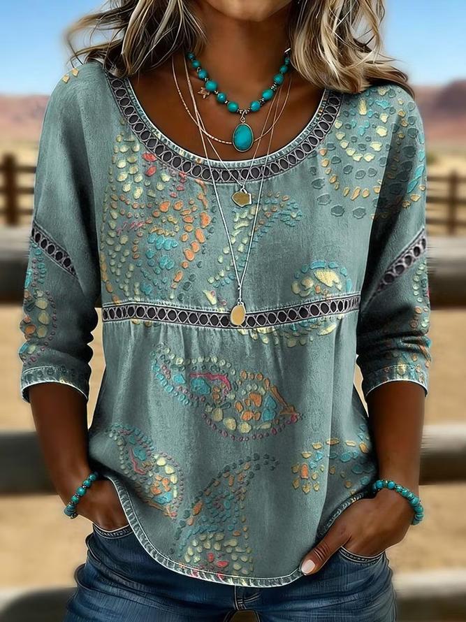 Women Abstract Casual Blouses Crew Neck Printing Half Sleeve Summer Top-image-17111403