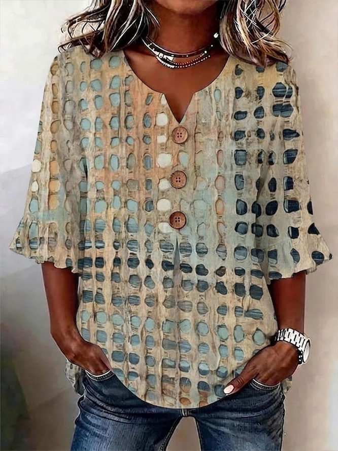 Women Abstract Vintage Blouses V Neck Printing Half Sleeve Summer Top-image-17111355