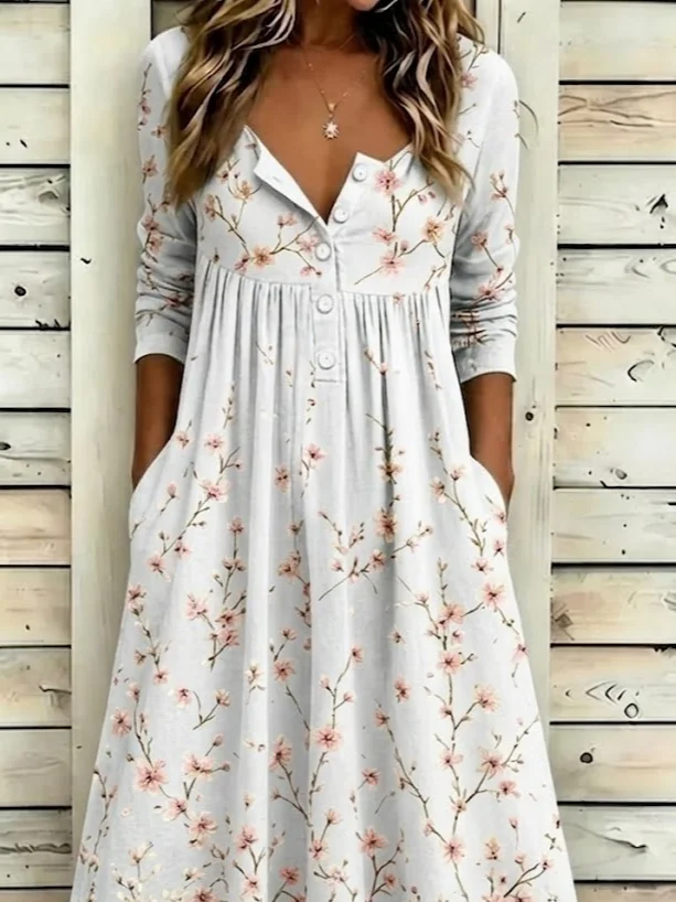 Side view of Women Floral A-Line Maxi Half Open Collar Vintage Summer Holiday Dress