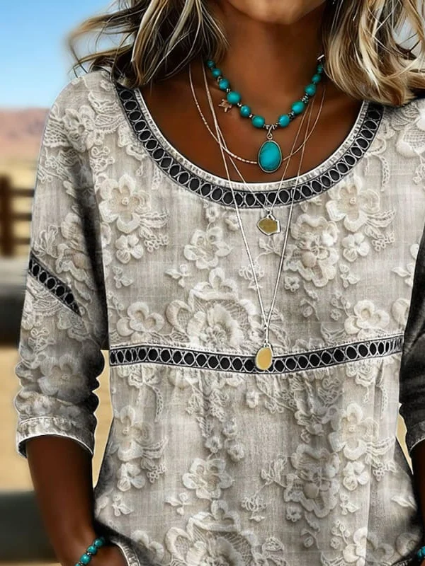 Side view of Women Floral Casual Blouses Crew Neck Printing Half Sleeve Summer Top