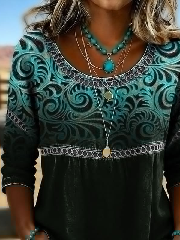 Side view of Women Abstract Casual Blouses Crew Neck Printing Half Sleeve Summer Top