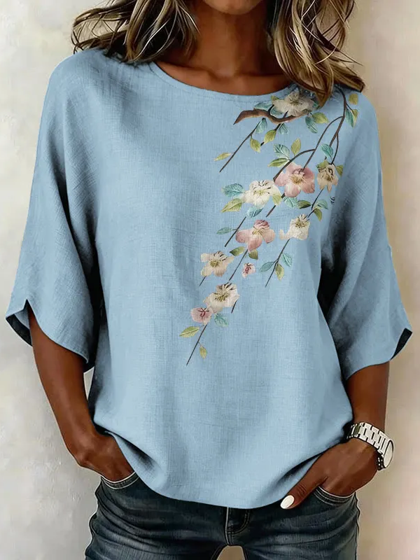 Women Floral Vintage Blouses Crew Neck Printing Half Sleeve Summer Top-image-17112518
