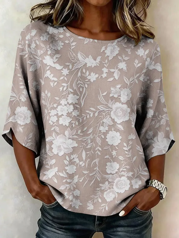 Women Floral Vintage Blouses Crew Neck Printing Half Sleeve Summer Top-image-17112494