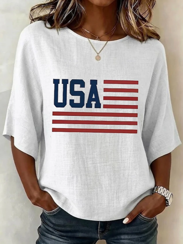 Women Independence Day (Flag) Vintage Blouses Crew Neck Printing Half Sleeve Summer Top-image-17112506