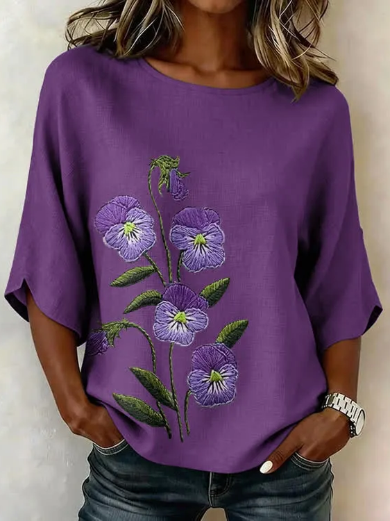 Women Floral Vintage Blouses Crew Neck Printing Half Sleeve Summer Top-image-17112554