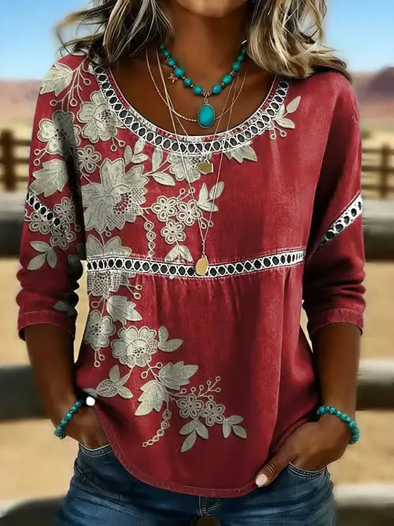 Women Floral Casual Blouses Crew Neck Printing Half Sleeve Summer Top-image-17112422