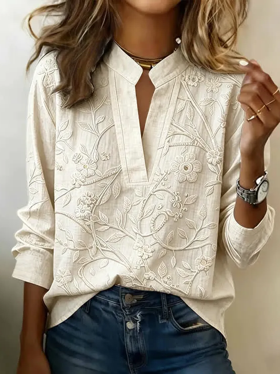 Women Floral Vintage Blouses V Neck Printing Long Sleeve Spring/Fall Top-image-17112590