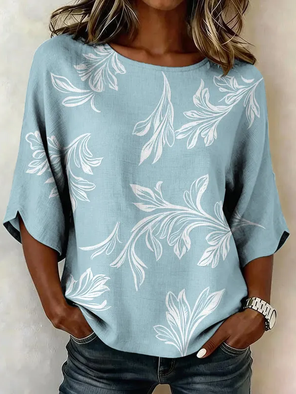 Women Floral Vintage Blouses Crew Neck Printing Half Sleeve Summer Top-image-17112530