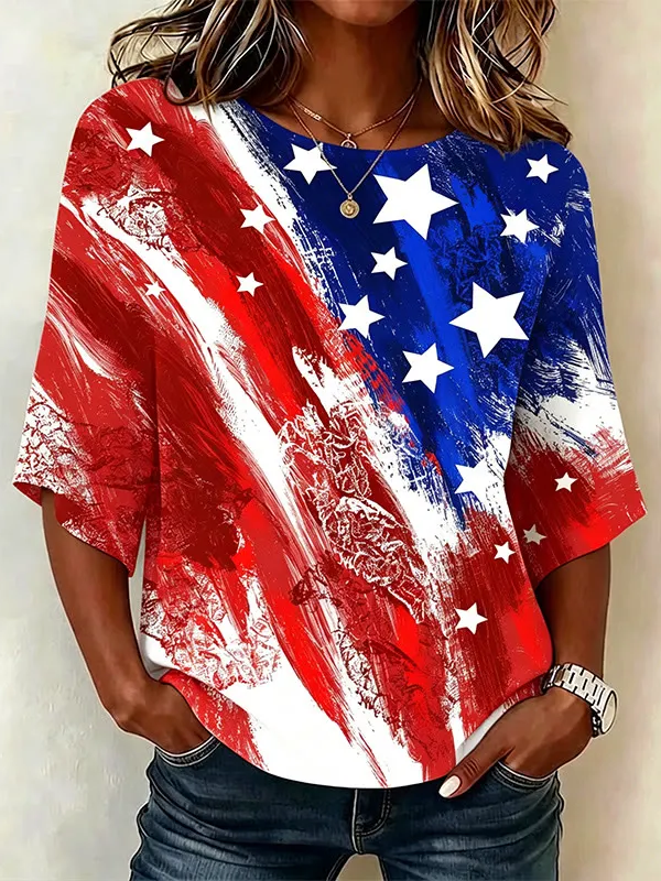 Women Independence Day (Flag) Vintage Blouses Crew Neck Printing Half Sleeve Summer Top-image-17112566