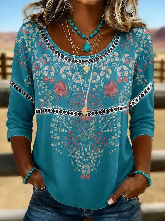 Women Floral Casual Blouses Crew Neck Printing Half Sleeve Summer Top-image-17112446