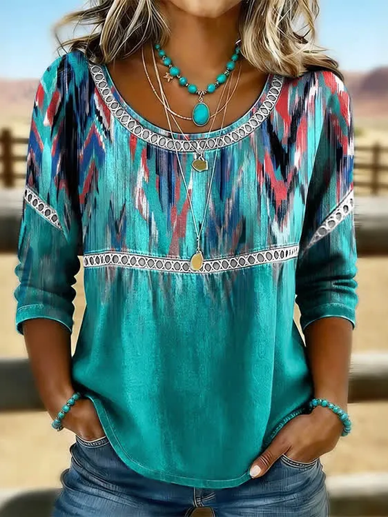 Women Abstract Casual Blouses Crew Neck Printing Half Sleeve Summer Top-image-17112482