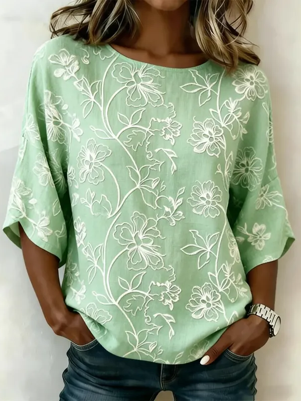 Women Floral Vintage Blouses Crew Neck Printing Half Sleeve Summer Top-image-17112578