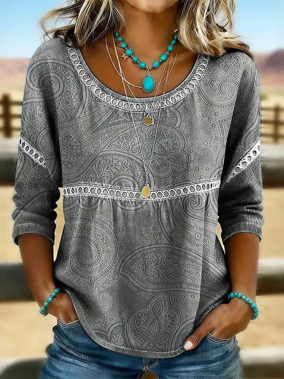 Women Paisley Casual Blouses Crew Neck Printing Half Sleeve Summer Top-image-17112470