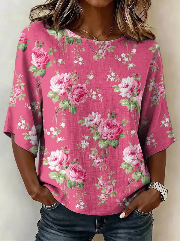 Women Floral Vintage Blouses Crew Neck Printing Half Sleeve Summer Top-image-17112542