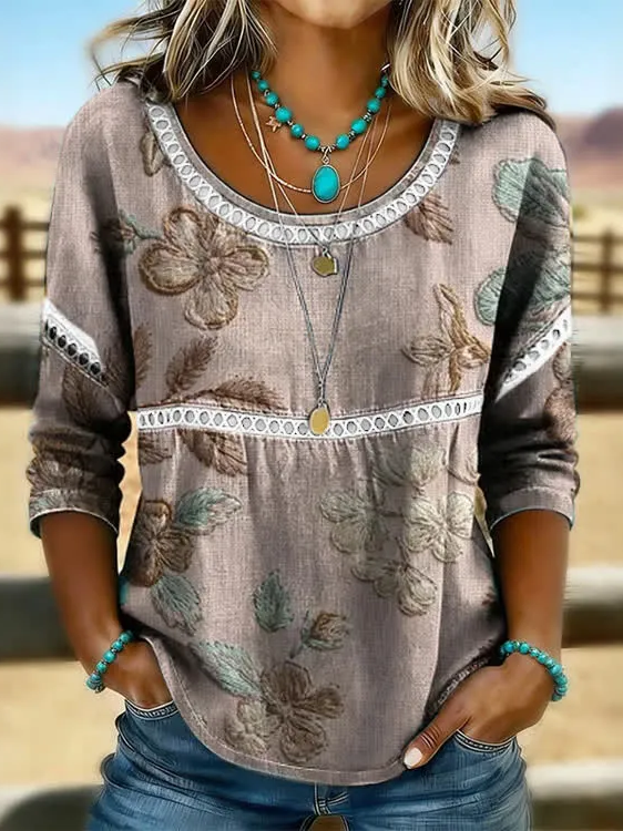 Women Floral Casual Blouses Crew Neck Printing Half Sleeve Summer Top-image-17112458