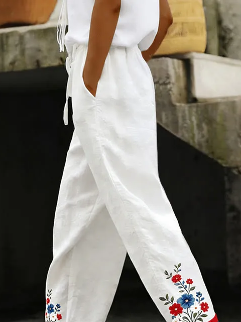 Side view of Women Floral Casual Long Baggy Pants Spring/Fall Pants
