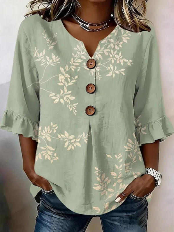 Women Leaf Vintage Blouses V Neck Printing Half Sleeve Summer Top-image-17113431