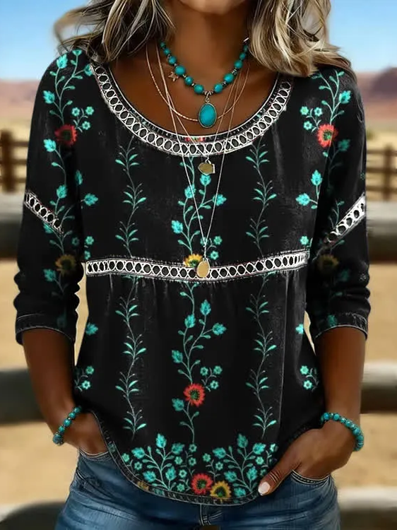 Women Floral Casual Blouses Crew Neck Printing Half Sleeve Summer Top-image-17113318