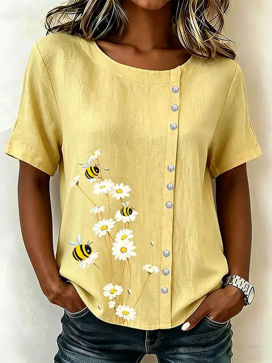 Women Floral Casual Shirts Crew Neck Printing Short Sleeve Summer Top-image-17113292