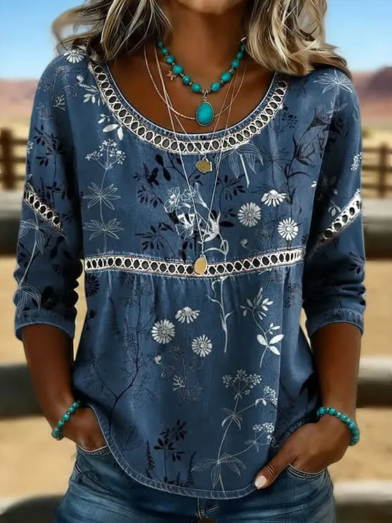 Women Floral Casual Blouses Crew Neck Printing Half Sleeve Summer Top-image-17113330