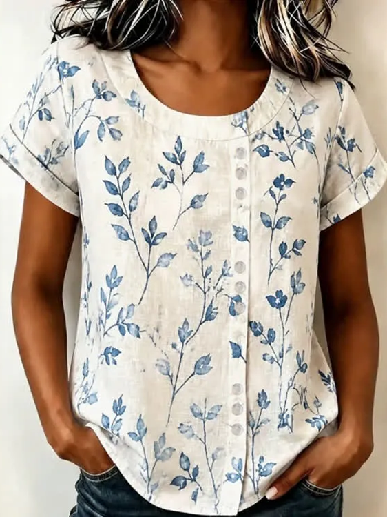 Women Floral Casual Shirts Crew Neck Printing Short Sleeve Summer Top-image-17113280