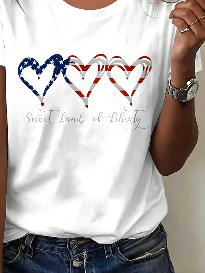Side view of Women Heart/Cordate Casual Short Sleeve Tee T-shirt Crew Neck Summer Printing Graphic Tee Top